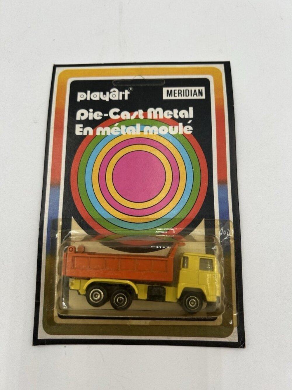 PlayArt Meridian Dump Truck Die Cast Metal Yellow On Card UnPunched Hong Kong